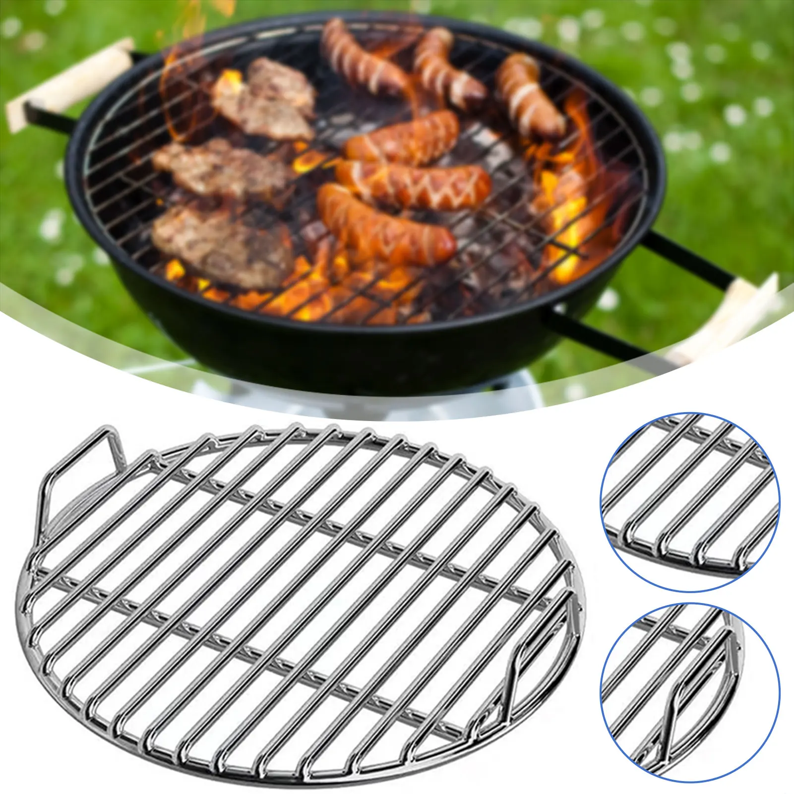 40cm Round Grilling Grates Replacement Stainless Steel With Handle BBQ Grills Mesh Straight-Bar Design Outdoor Camping Party