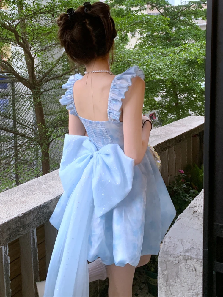 Backless Blue France Vintage Mini Dress Women Bow Flying Sleeve Sweet Elegant Dress Female Korea Evening Party Dress Summer 2023