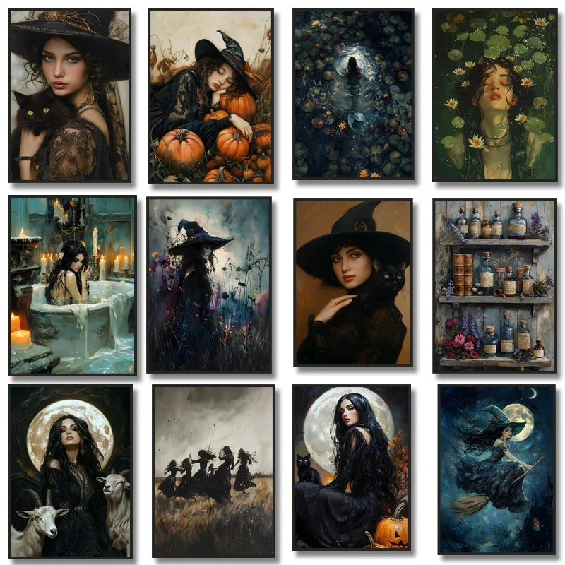 1pc frameless Canvas Painting Classic Witch Black Cat  Pumpkin Apothecary Full Moon Wall Art Halloween Goth  Canvas Painting Moo