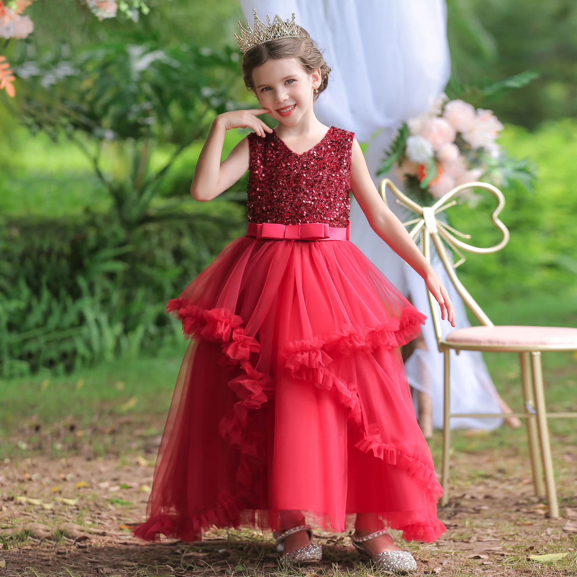 Red Child Sequin Sleeveless Dress Christmas Girl  Princess Dress Birthday Party Evening Ceremony Stage Performance Dress