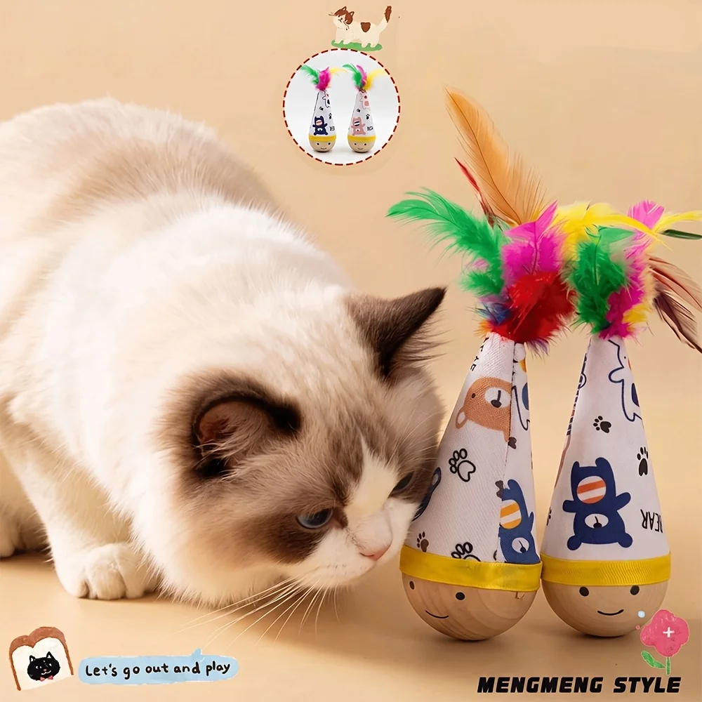 Interactive cat rolling toy, self correcting feather cat toy, durable anti bite cat teasing toy for indoor cats and kittens