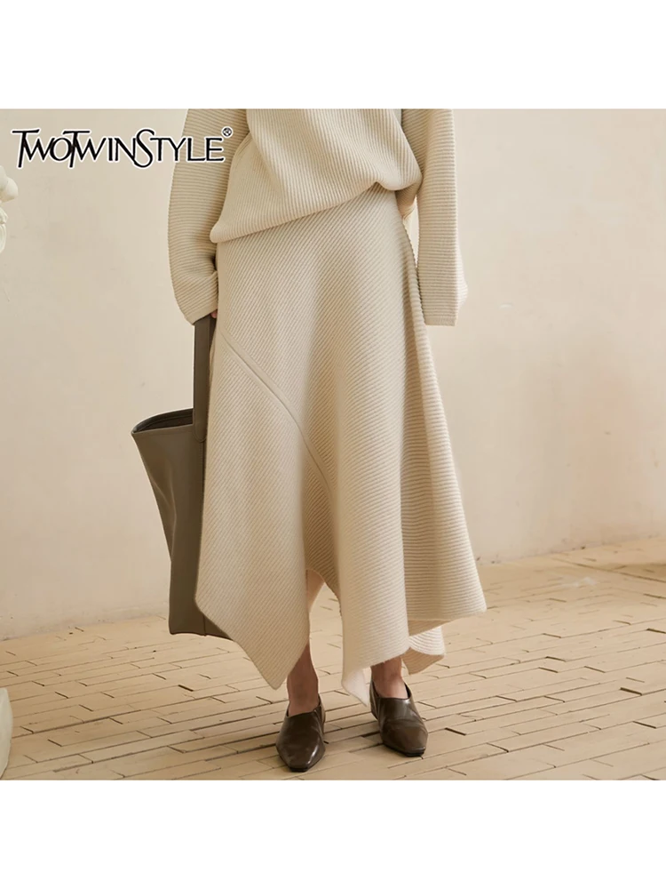 

TWOTWINSTYLE Solid Kntting Designer Temperament Skirts For Women High Waist Asymmetrical Loose A Line Skirt Female Fashion New