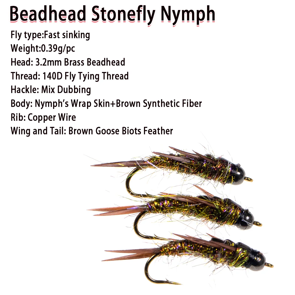 Vampfly Brass Bead Head Fast Sinking Stonefly Nymph Scud Fly Bug Worm Copper Wire Rib Wet Nymph Trout Bass Fishing Fly Lure Bait