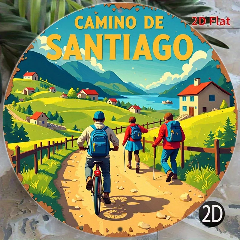 1pc Spanish Camino de Santiago Pilgrimage Decor - Vintage Travel Poster - Round Metal Wall Art Sign with Hikers, Cyclists & Sant