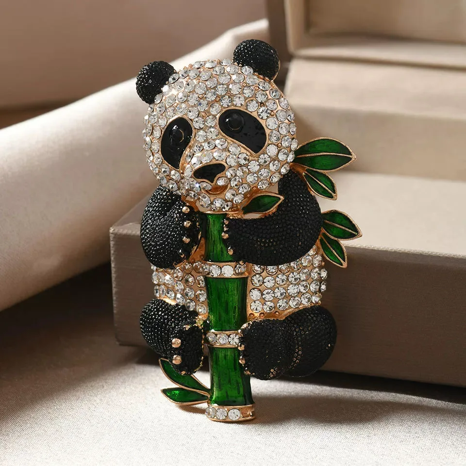 Cute Rhinestone Panda Brooch Giant Pin Suit Shirt with Animal Fashion Brooches Children Festival Pandas Eat Bamboos