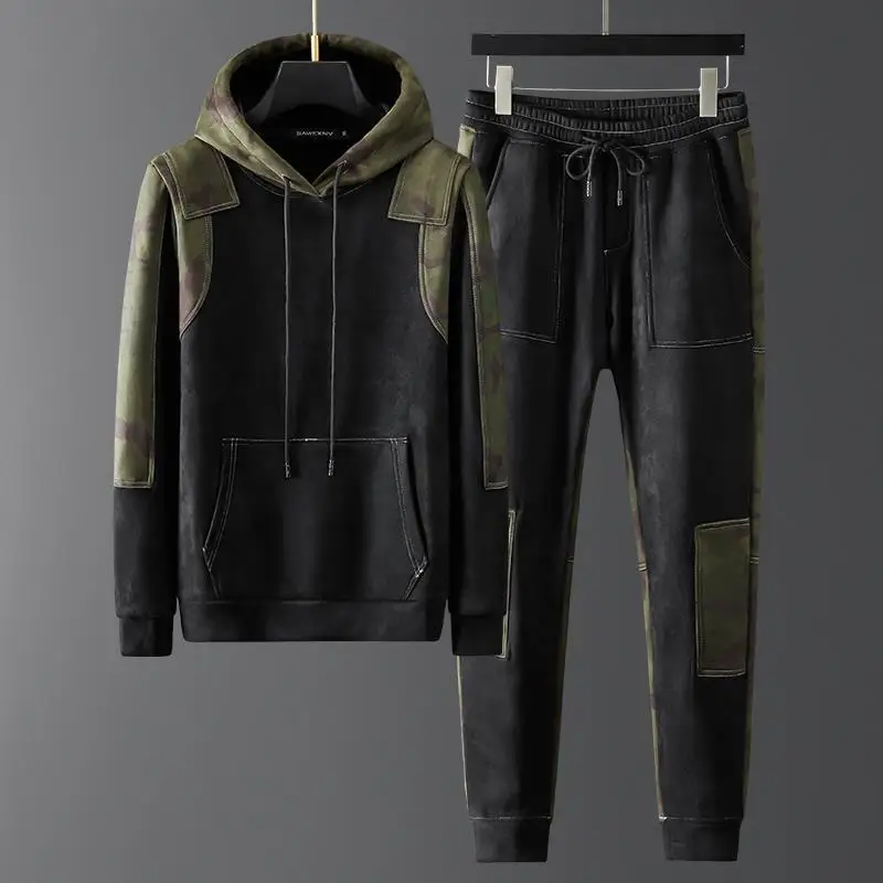 

men tracksuit camouflage stitching sports sweater suit men's clothing winter trendy plus velvet thickening warm casual two-piece