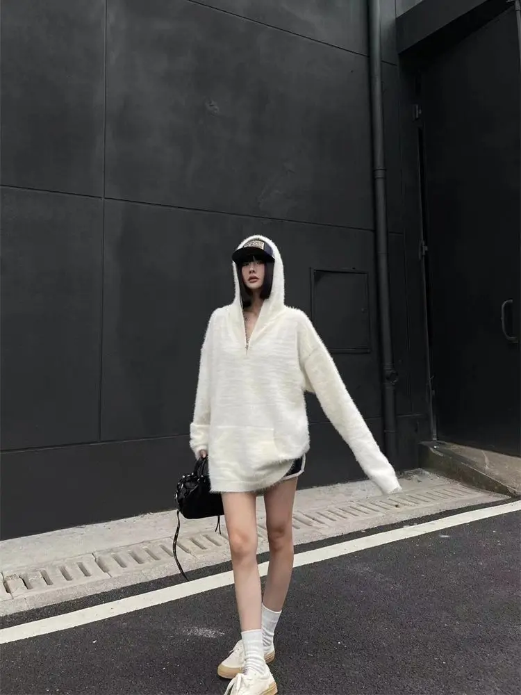 Deeptown White Mohair Hooded Sweaters Women Casual Oversized Zipper Knitted Pullovers Korean Style Long Sleeve Jumper Streetwear