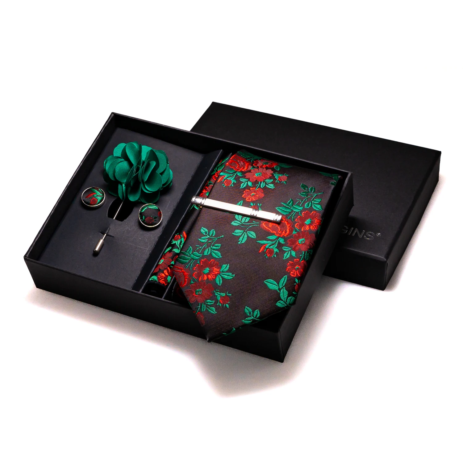 Luxury Dark Green Stripes Silk Ties for Men Wedding Accessories Mens Necktie Pocket Square Cufflinks Pin And Elegant Gift Box