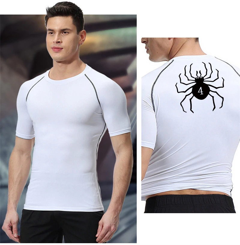 Nadruk w pająki koszule kompresyjne dla mężczyzn siłownia treningowe podkoszulki Fitness z krótkim rękawem szybkoschnący sportowy T-Shirt odzież