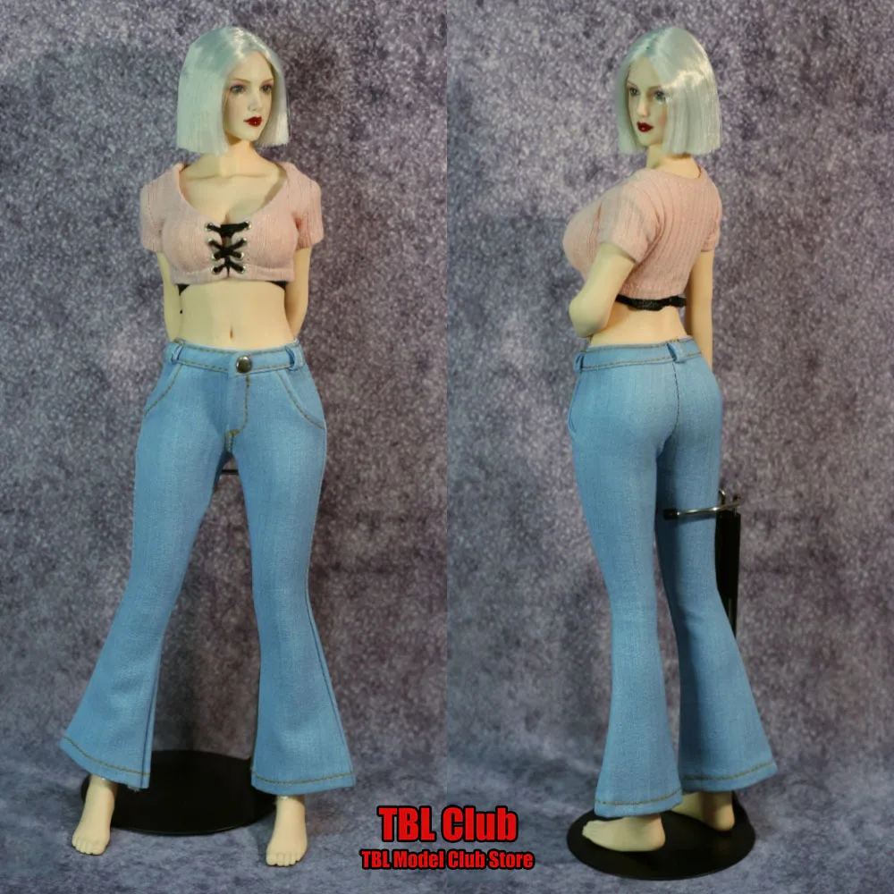 1/6 Soldati femminili Colore chiaro Jeans attillati Abbigliamento T-shirt legata Pantaloni svasati per modello Action Figure da 12 pollici