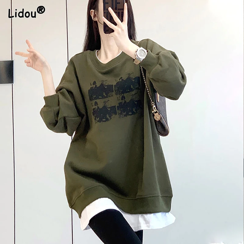 

2023 Pring and Autumn Fashion Fashionable Round Neck Printed Casual Loose Oversized Long Bottom Covering Fake Two Piece Sweater