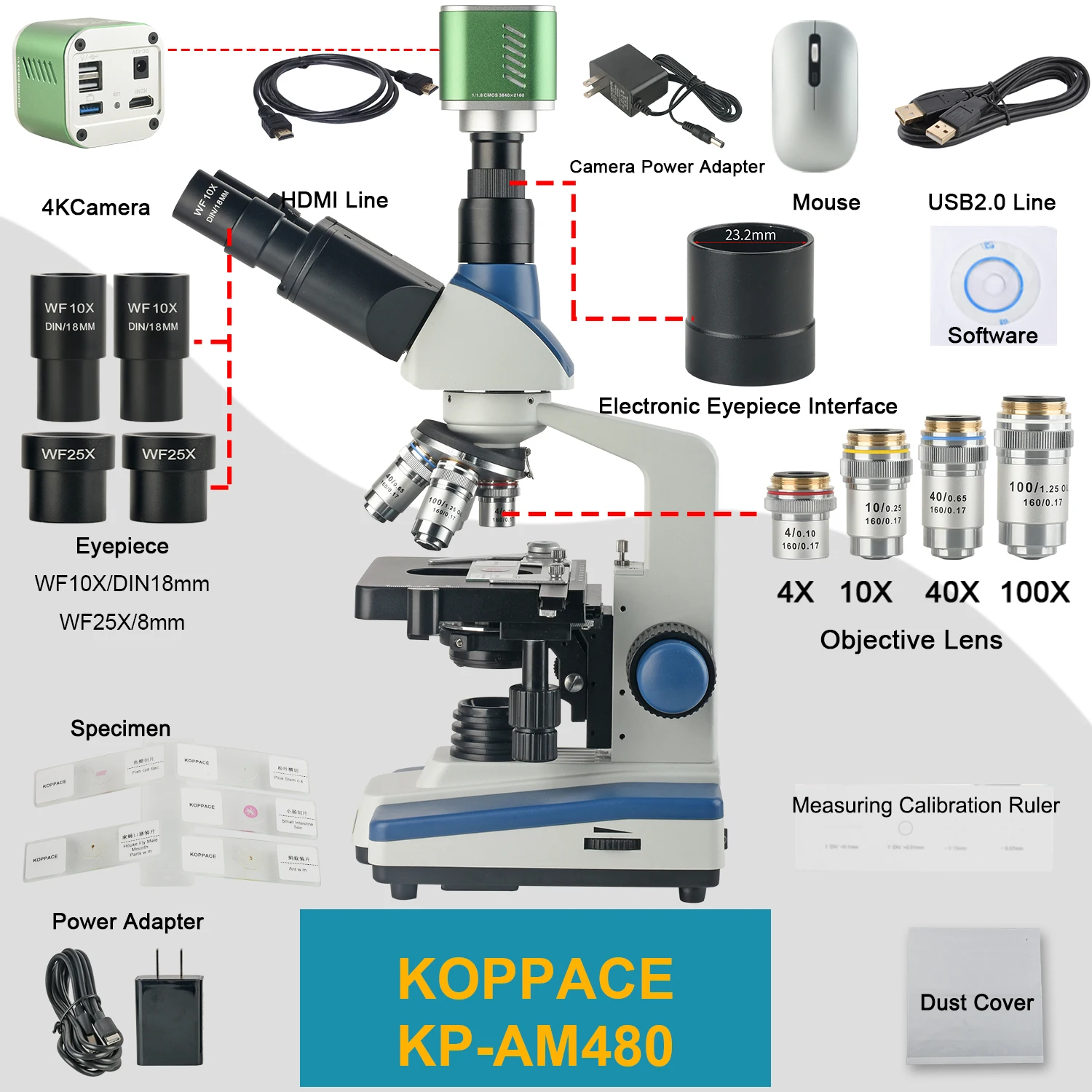 KOPPACE 40X-2500X Trinocular Compound Lab Microscope 8.3 Million Pixels 4K Camera Eyepiece WF10X,WF25X