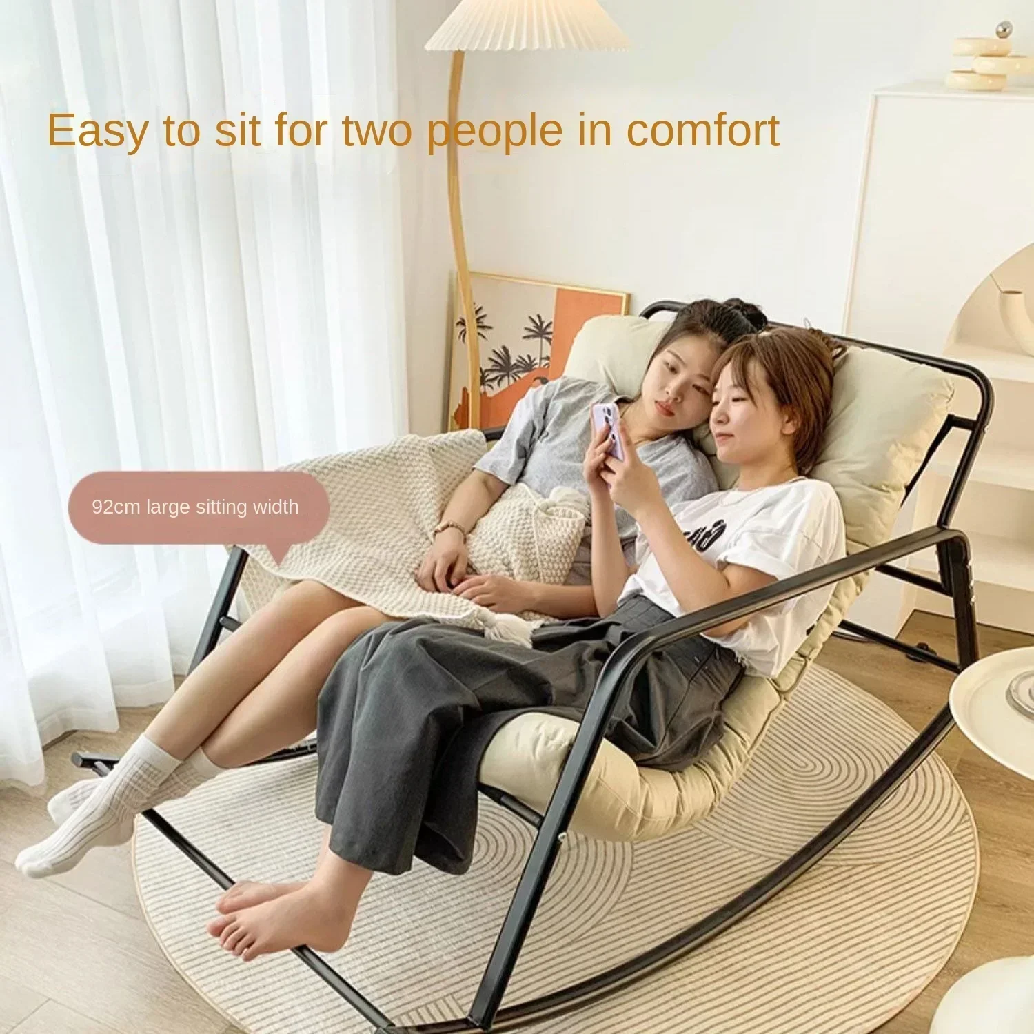 Double rocking chair enlarged and widened adjustable adult balcony home technology fabric can sit and lie down rocking recliner