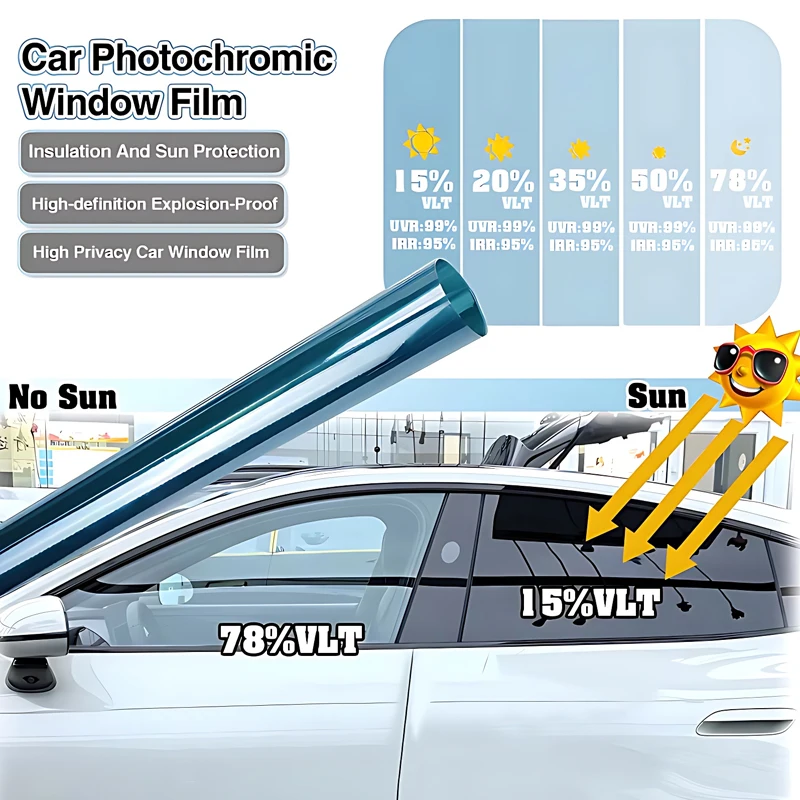 

VLT78%-15% Car Window Solar Tint Photochromic Film Heat Rejection Anti UV Front Rear Windshield light black/blue explosion-proof