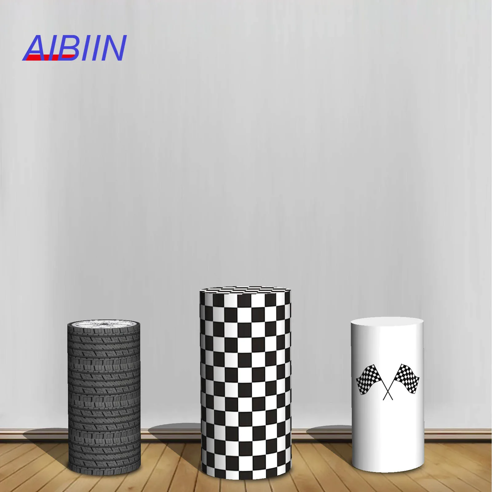 

Racing Theme Cylinder Backdrop Cover Black White Checker Grid Boy Birthday Party Decor Elastic Pedestal Column Background Cover