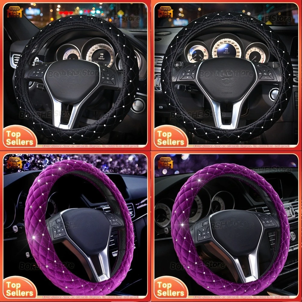

2026 Suitable for Various Car Models Plush Diamond Embellished Steering Wheel Cover Warm Soft Fuzzy Auto Accessory for Men and
