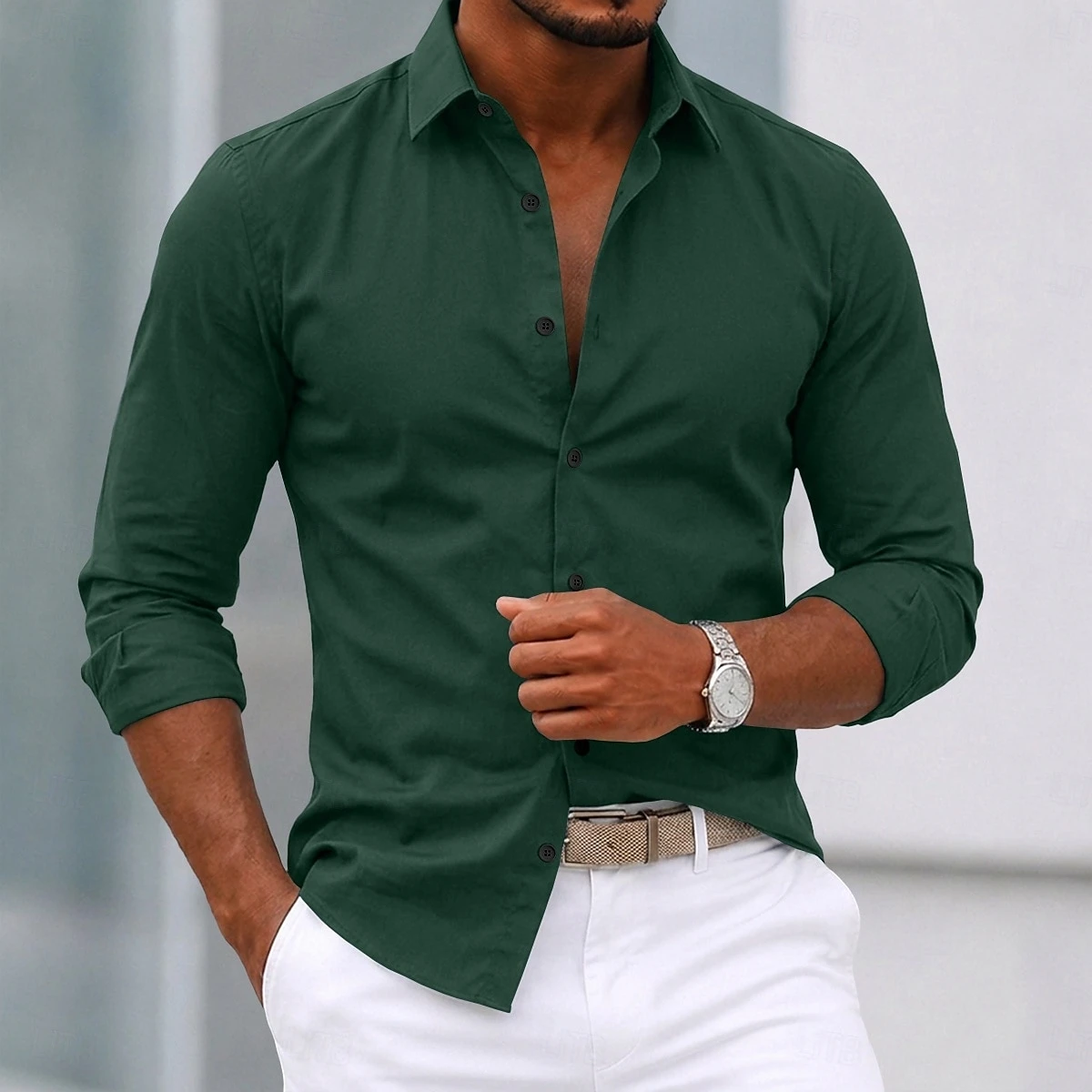 Solid color long-sleeved collared shirt, business casual style, basic men's commuter top.