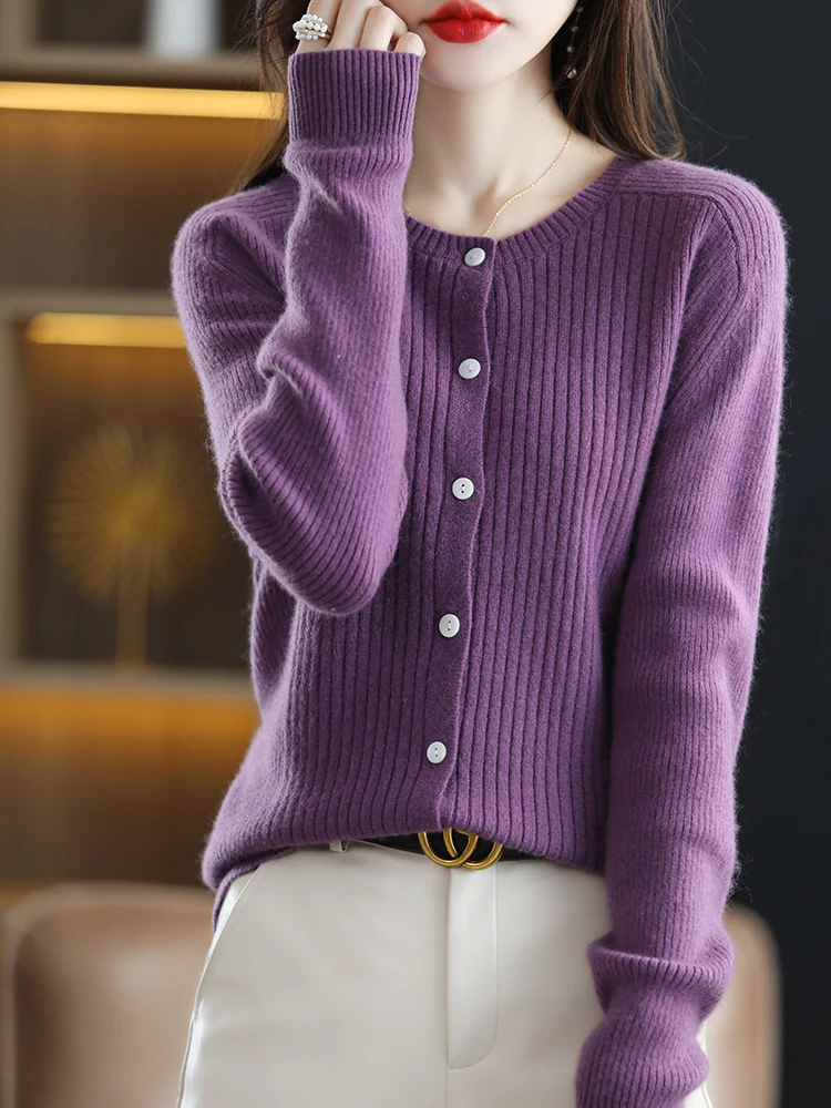 100% Merino Wool Women's Cardigan Sweater Long Sleeve O-Neck Pullover Spring Autumn Knitted Jumper  Slim Fashion Female Shirt