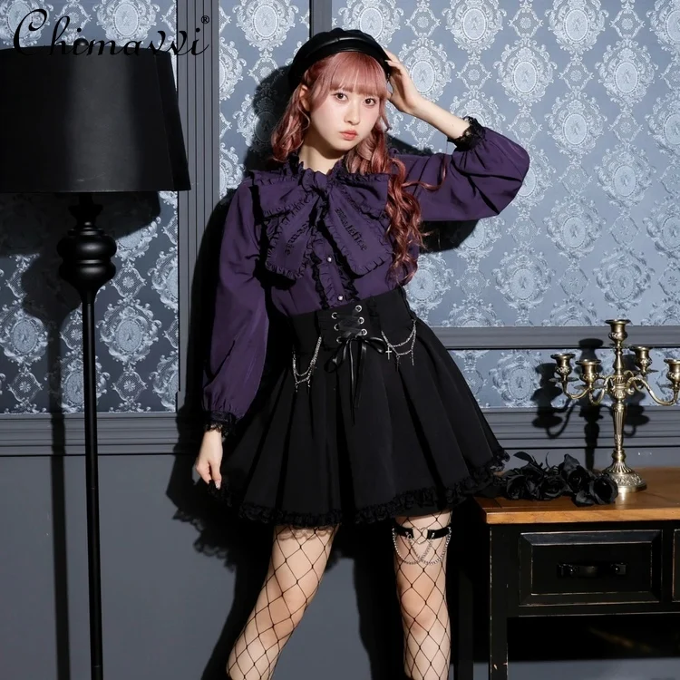 Japanese Mine Style Sweet Lace Stitching Cute Bow Single-breasted Casual Versatile Lolita Tops Long Sleeve Shirts Blouse Women