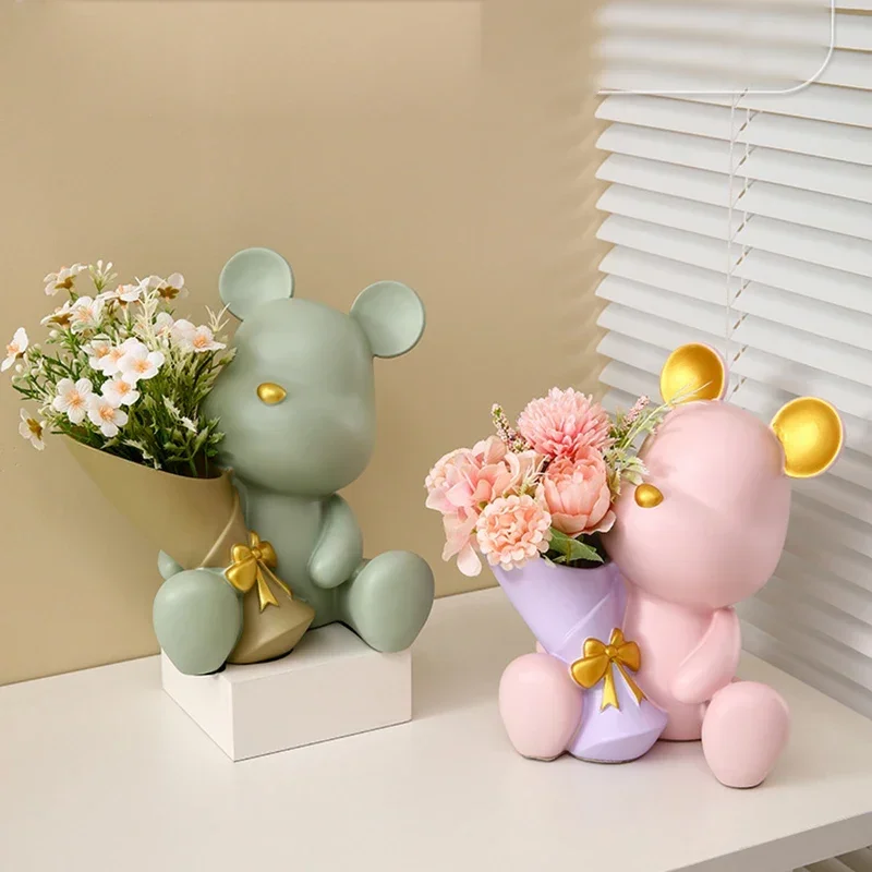 Nordic Resin Bear Doll Statue Bouquet Flower Arrangement Vase Living Room Decorations Gifts Desktop Home Decor Baccarat Vases