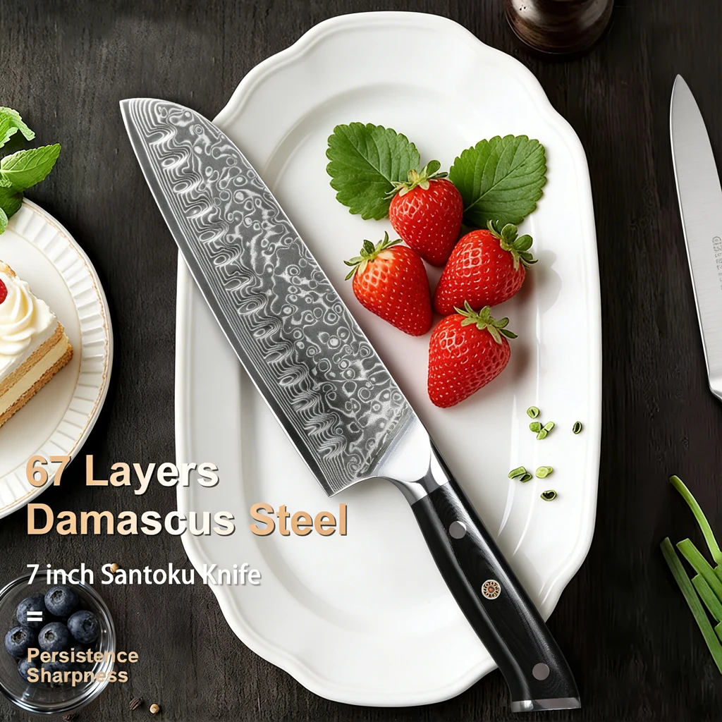 Cuchillo Santoku de 7 pulgadas estilo japonés de cuchillo de Chef profesional de acero damasco, cuchillo para cortar carne, con mano G10