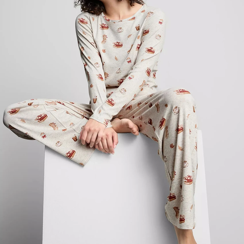 HiLoc Printing Cute Knitted Elastic Women Pajamas 2-Piece Long Sleeve Round Neck Top Elastic Waist Full Length Pants Autumn 2026