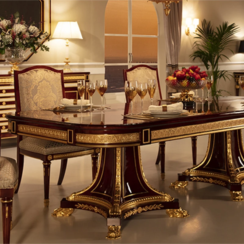 !@High Quality Luxurious European House Furniture Wooden Long Royal Dining Table 6-8 Seats Luxury Wood Dinner Table Set