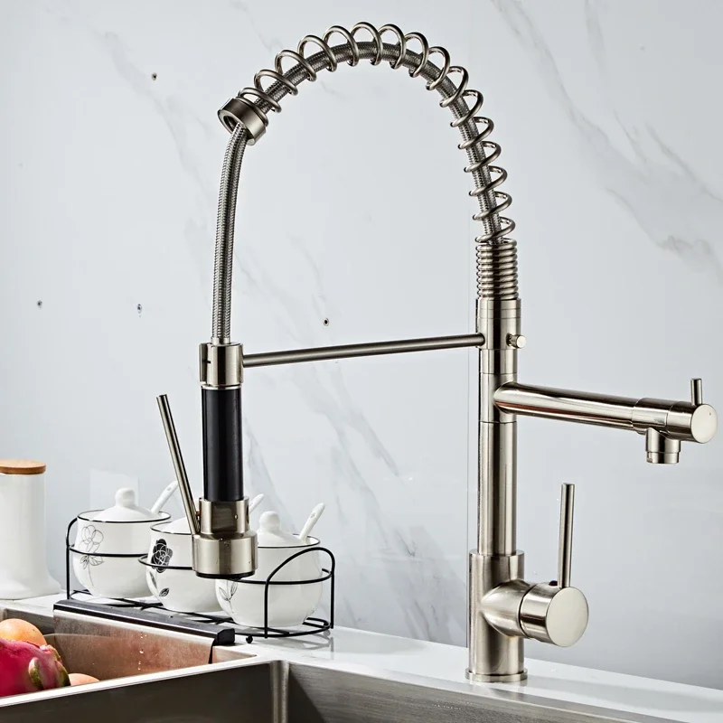 Chrome Spring Kitchen Faucet Pull-Down Dual Spouts 360° Swivel Handheld Sprayer Hot and Cold Kitchen Mixer Tap