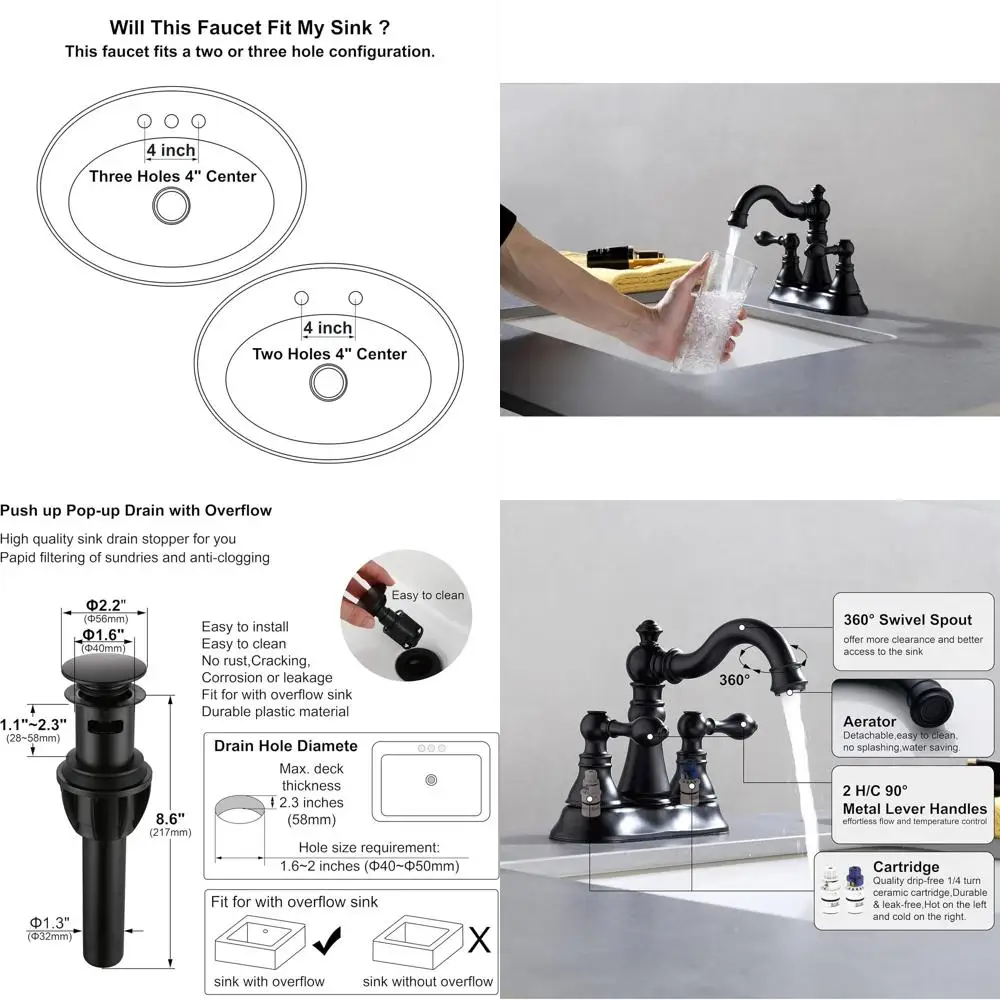 

3-Hole Matte Black Bathroom Faucet with 360° Swivel Spout and Pop-Up Drain, Classic 4 Centerset Lavatory, Model F-0048-MT