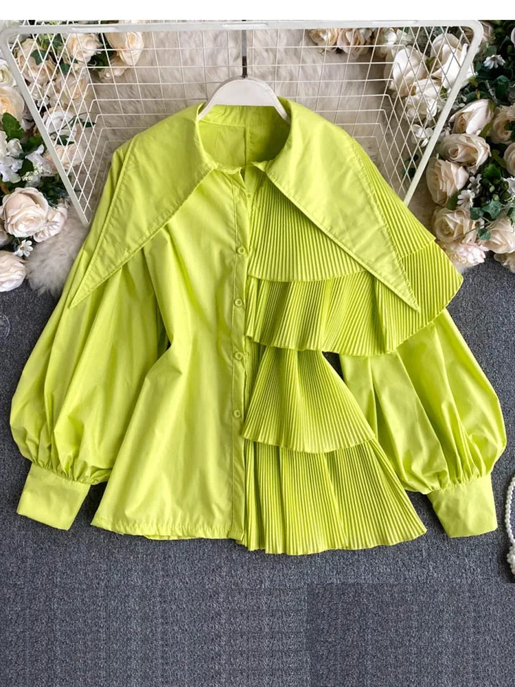 

Korean Candy Colors Shirt Fried Street Spring Autumn Shirts Irregular Puff Sleeve Pleated Ruffle Top Women Blouse PL461