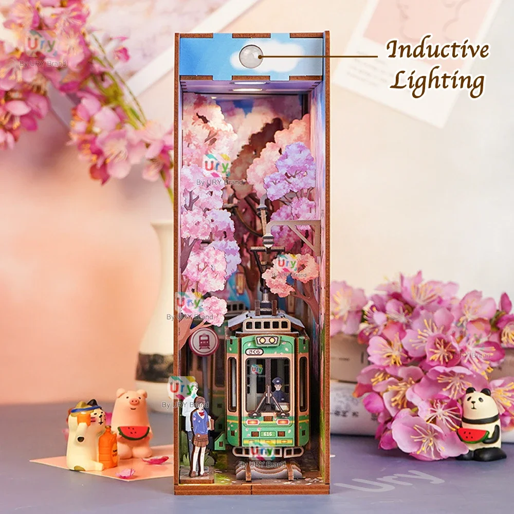 Ury 3D Wooden Puzzle Magic Japanese Style Cherry Blossoms Sakura Tram Station LED DIY Book Nook Shelf Insert for Xmas Gift
