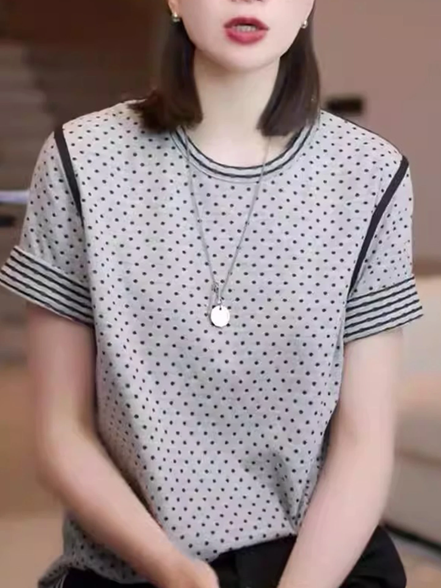 

Круглая футболка Ne Polka Dot Color Blo ort Sve Base irt Повседневная корейская летняя футболка Faion для поездок на работу из шелка прямого кроя