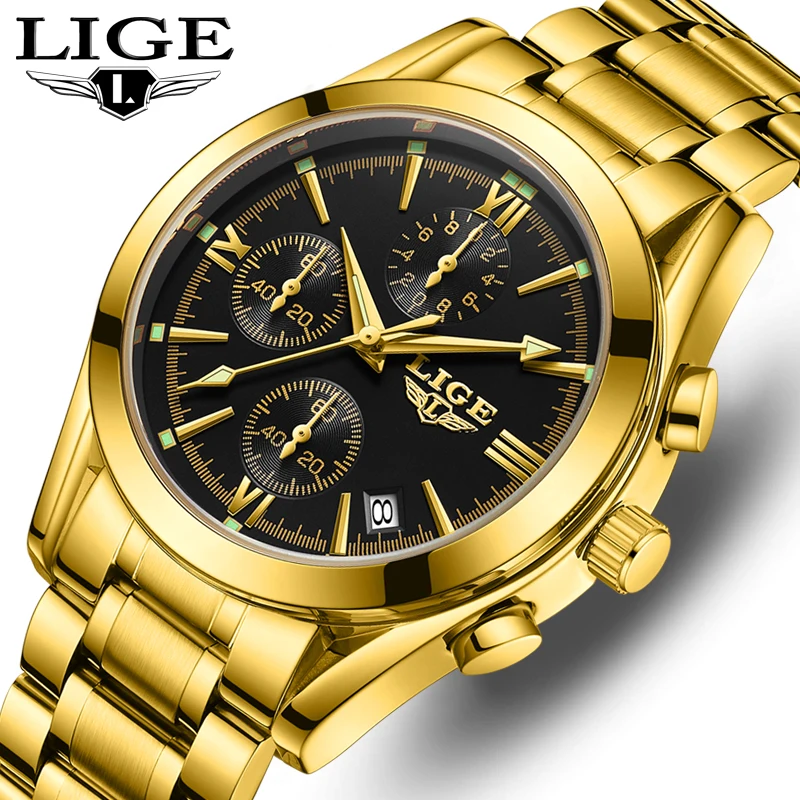 

LIGE Men's Watches Luxury Original Stainless Steel Waterproof Watch for Men Multifunctional Quartz Wristwatch Gold Men Watch