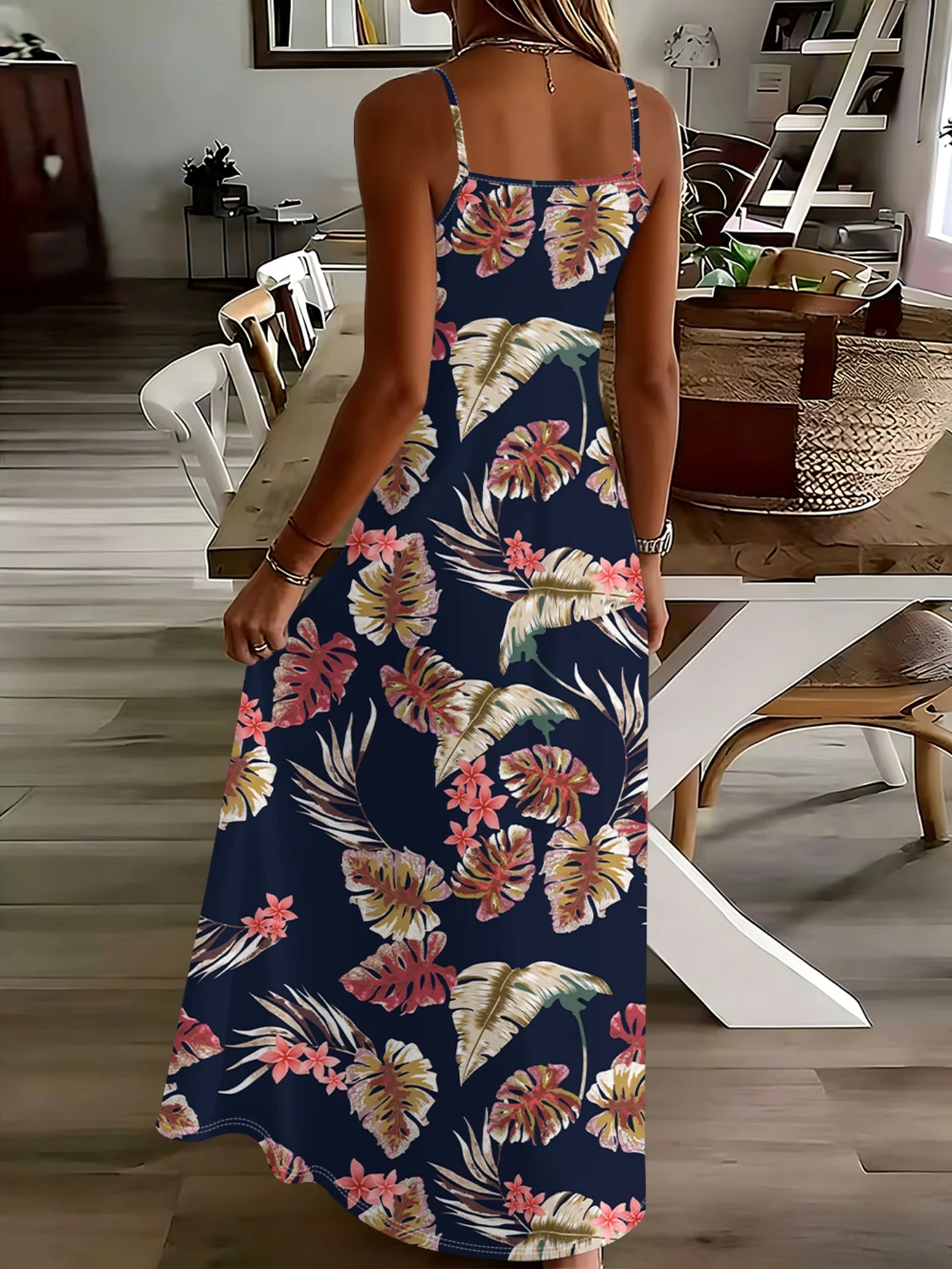 Printed Design Casual style tropical floral pattern thin shoulder strap dress