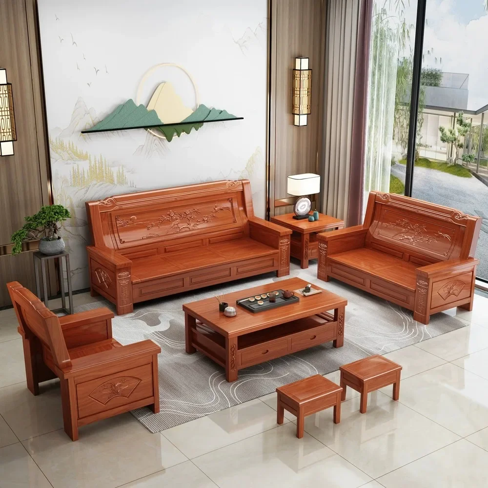 All solid wood sofa office carved rural self-built house three-person household old wooden wood Chinese federal chair