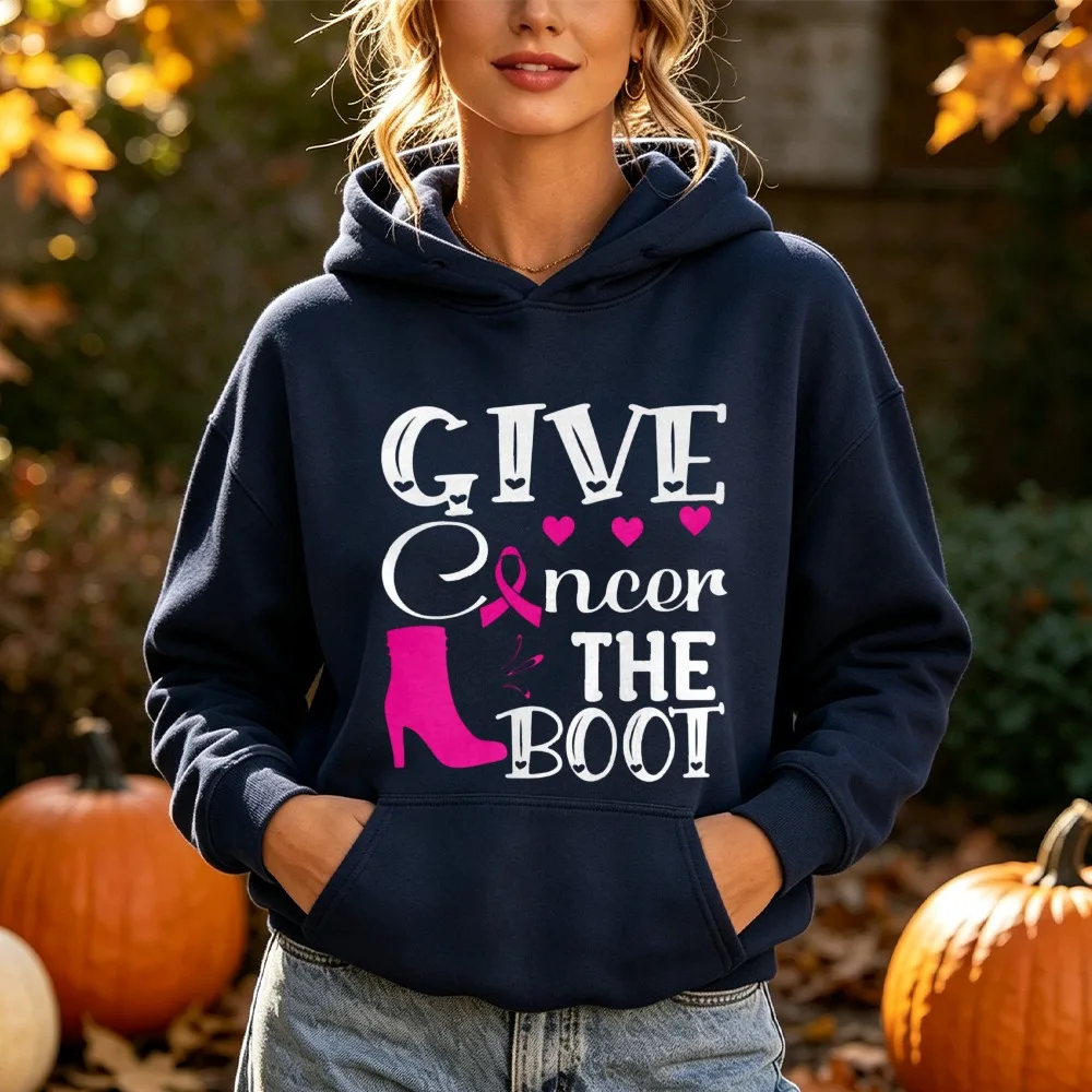 October Give Cancer The Boot Hoodie Women Warm Long Sleeve Pink Ribbon Boot Graphic Breast Cancer Awareness Support Sweatshirts