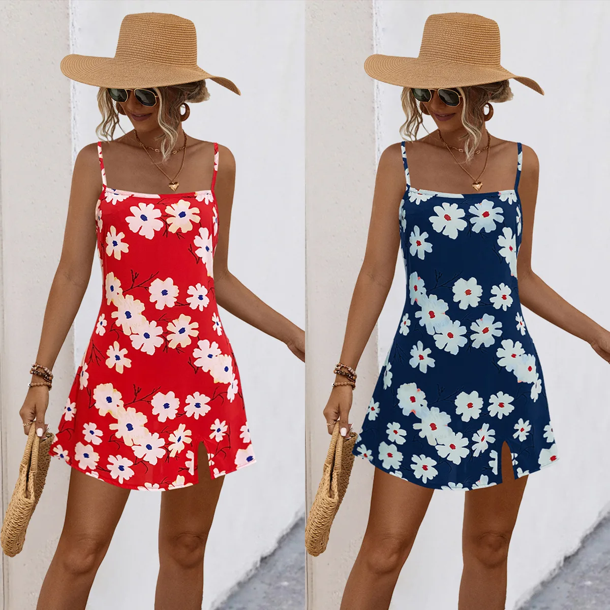 Sleeveless Floral Lace Up Red Navy Mini Dress Summer Women Fashion Sexy Party Club Beach Spaghetti Strap Dresses Y2k Clothes   ﻿