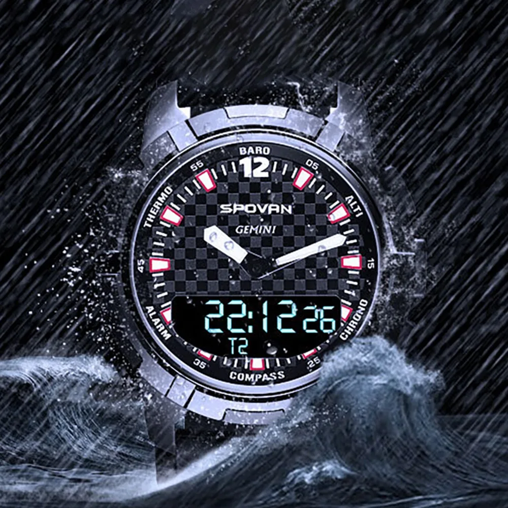 Spovan-reloj inteligente GEMINI con doble pantalla, deportivo, altímetro, barómetro, brújula, impermeable, pronóstico del tiempo, LED, negro