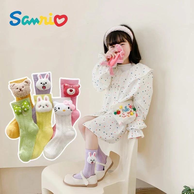 Sanrios Hellokittys Anime Kawaii Cute Cartoon Three-Dimensional Doll Kid Mesh Socks Hollow Tube Socks Boy Girl Fishnet Stockings