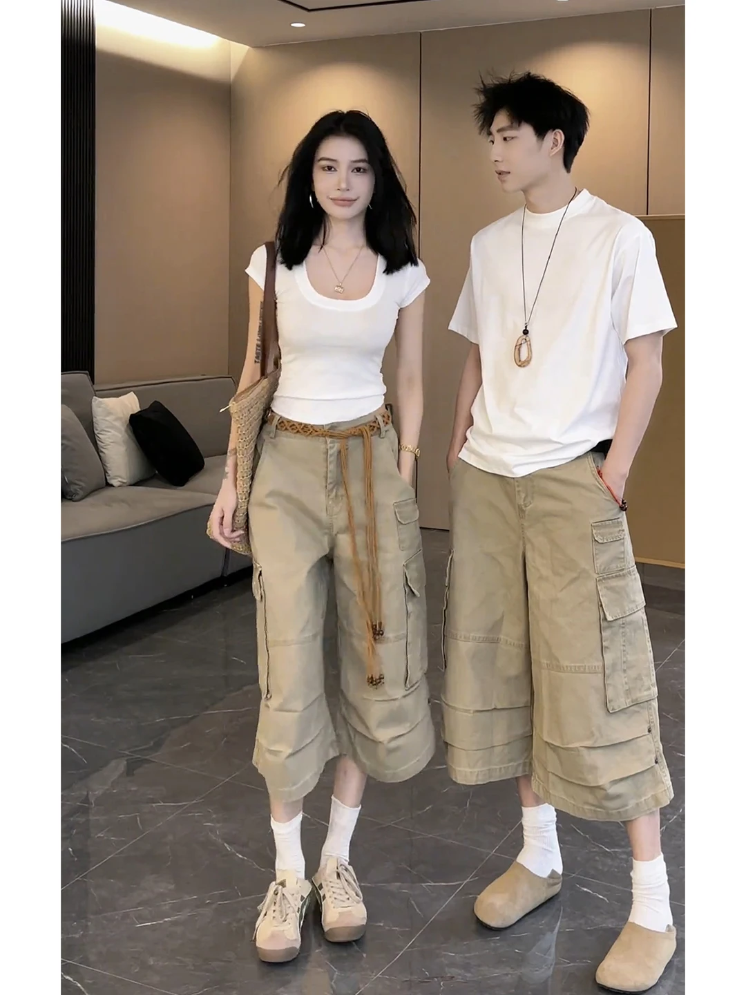 Kaki multi-ket zeven-voet jeans losse hoge taille wijde pijpen werkkleding broek voor mannen en vrouwen zomer casual broek