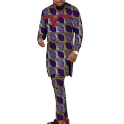 Red Patch Design Men's Tops+Elastic Waist Pants African Print Outfits Retro Style Male Groom Suit