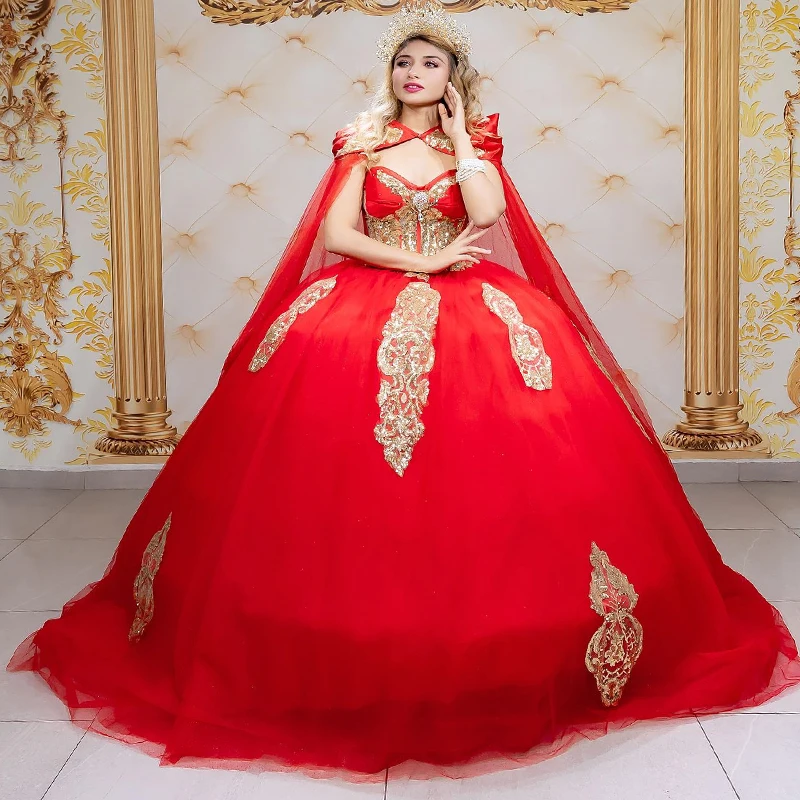 

Red Quinceanera Dresses Off The Shoulder Gold Applique Lace Puffy Party Dress Crystal Beading With Cape Ball Gown Vestidos De15