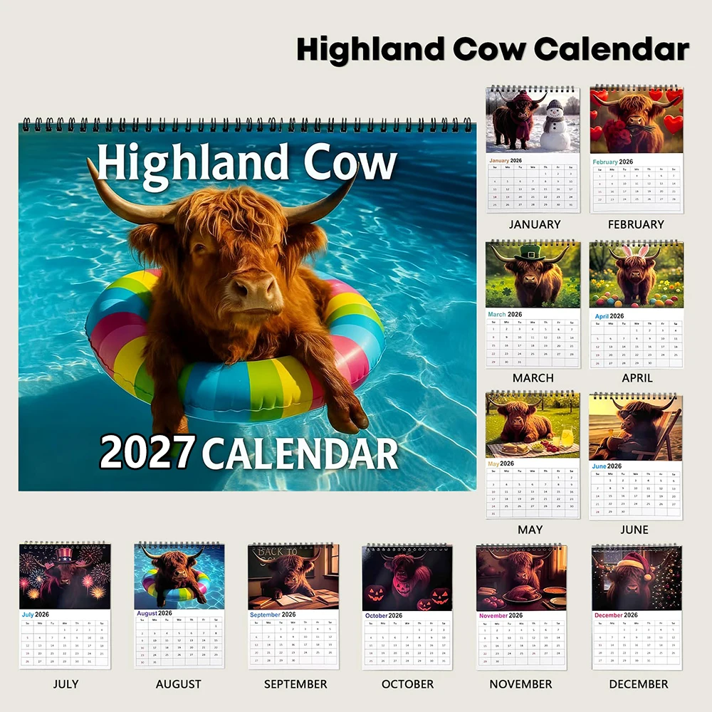 2027 Adorable Scottish Highland Cattle 12 Months Wall Calendar with Thickened Full-Color Illustrations Present for Animal Lovers