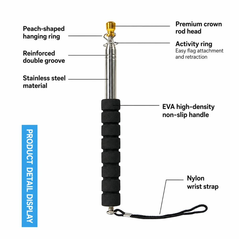 200/250/300cm Telescopic Flagpole Anti-slip EVA Handle Stainless Steel Handheld Flag Pole Handheld Waving Flagpole Students
