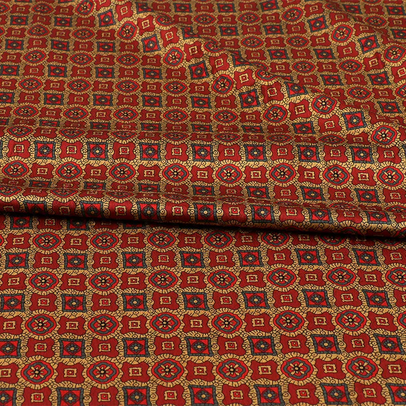 1meter Brocade Silk Jacquard Fabric Red Plum Blossom Geometric Lightweight for Spring Summer Dress Fabrics for Sewing