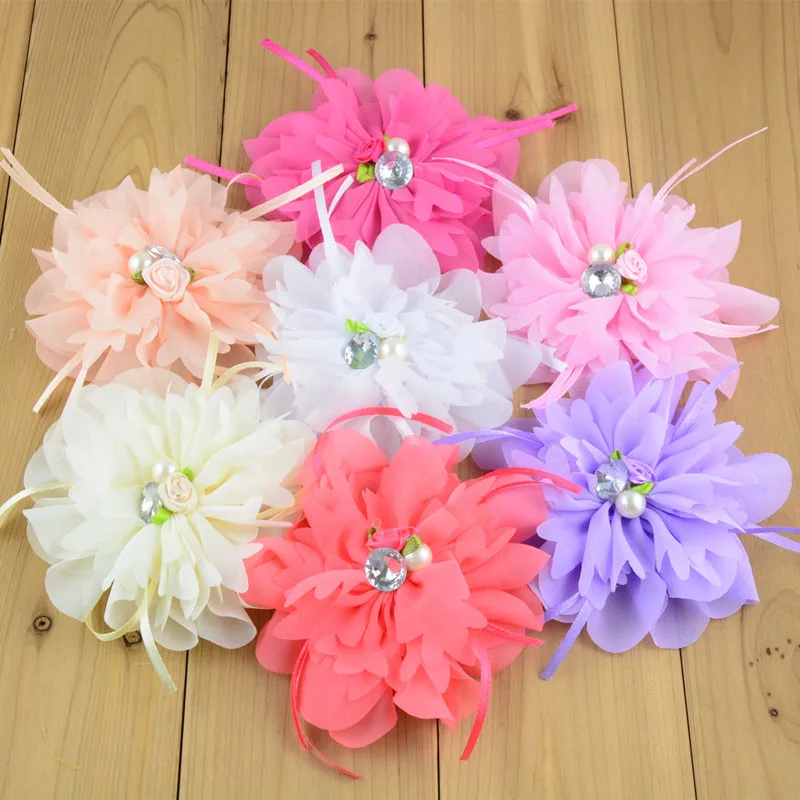 

200Pcs Wholesale New Handmade Rose Pearl Chiffon Flower Children's Headwear Clothing Shoes and Hat Decoration Accessories