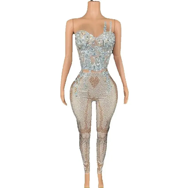 Tenue de danse de fête pour femme, haut et pantalon en biscuits complets, costume sexy en tricot, vêtements de réunion de scène, bar Dj Ds, XS9127