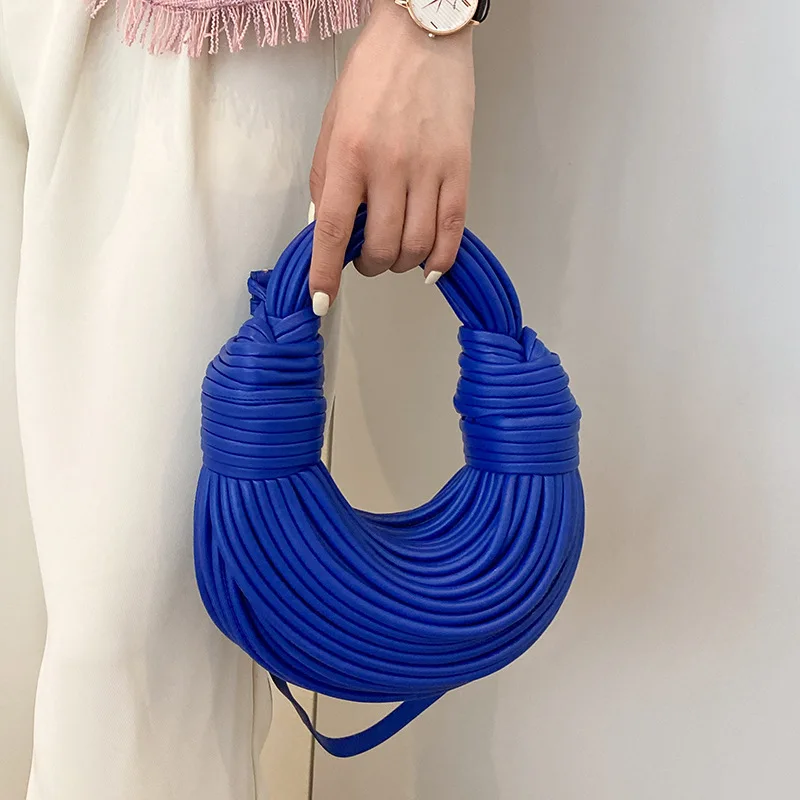 Bolsos de mano dorados para mujer, bolsos de diseñador de lujo, bolsos de fideos tejidos a mano, cuerda anudada, embrague de noche plateado Hobo