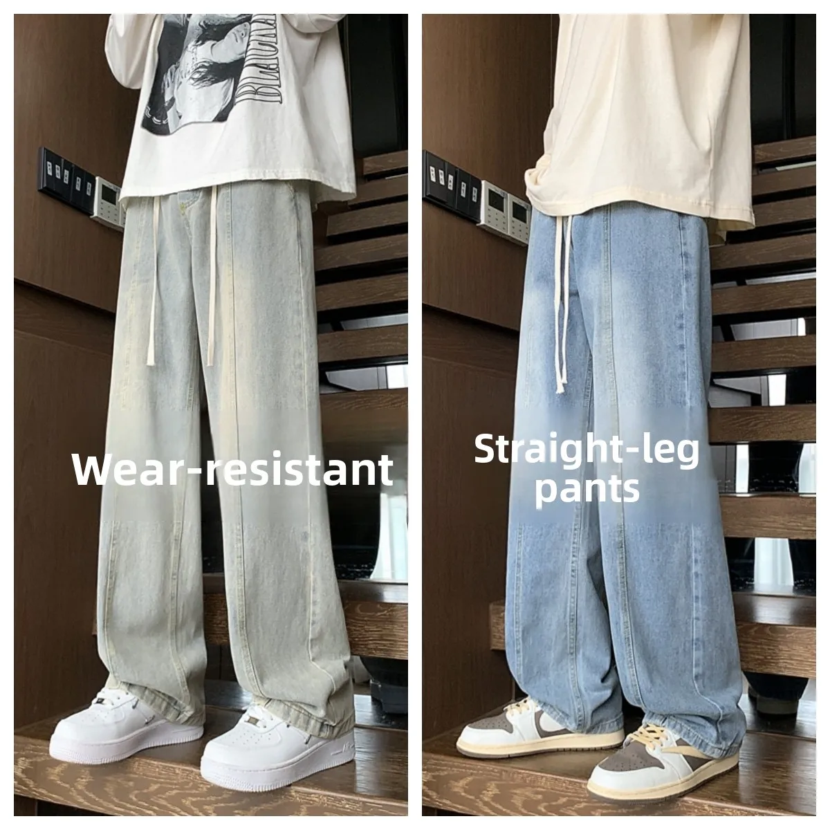 

Износостойкие широкие джинсы в стиле ретро, мужская рабочая одежда, пот-ng, хлопковая смесь, брюки прямого кроя с завязками, молодежная мода