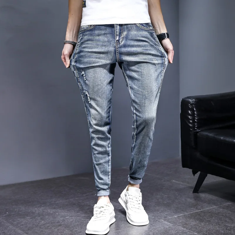 Autumn Winter 2022 Stitching Jeans Men's Slim Trousers Elastic Casual Korean Students Teenagers Cowboy Long Pencil Pants Men